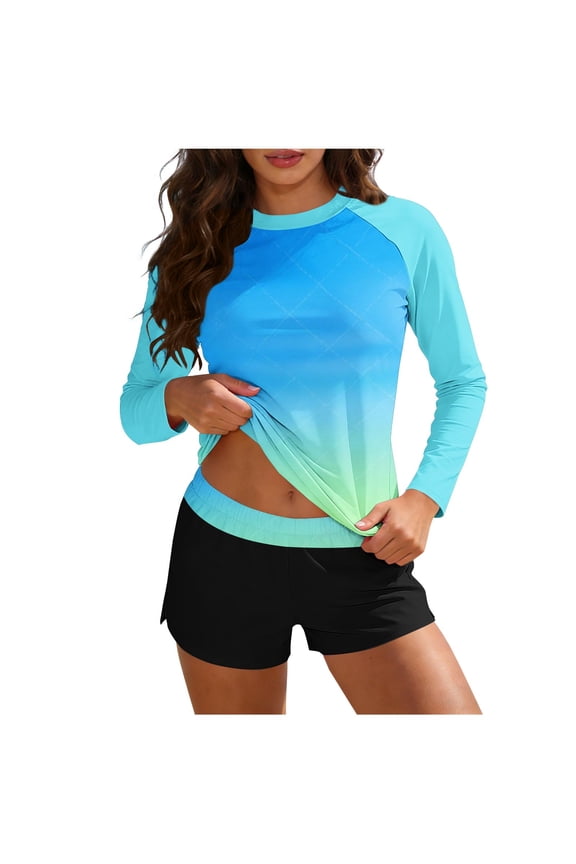 Gradient Blur Raglan Long Sleeve Two Piece Swimsuit Boyleg Structured Contouring Gold S