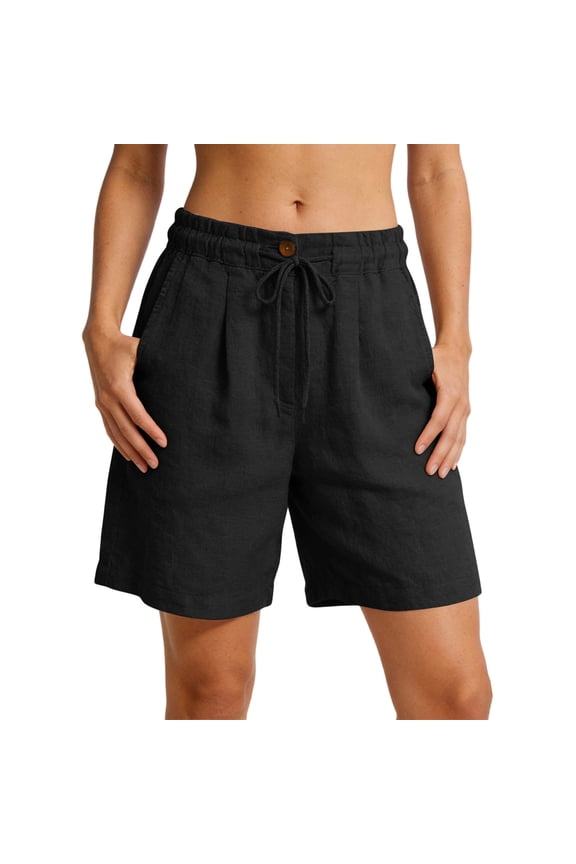 Half Elastic Waist Drawstring Linen Blend Bermuda Shorts, Relaxed Straight Leg Shorts for Vacation Days Black XXXL