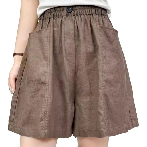 PWPSG Half Elastic Waist Linen Blend Wide-Leg Shorts, Relaxed Comfortable Straight Leg Vacation Shorts Brown M