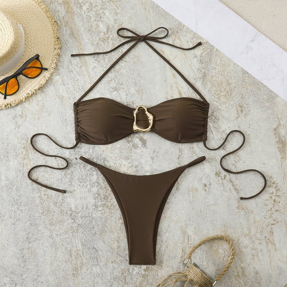 PWPSG Halter Neck Bandeau Bikini with Central Metal Ring Detail and High Cut Bottom Two Piece Swimsuit Brown S