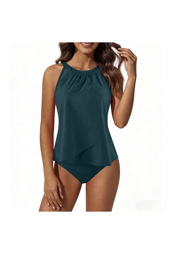 Halter Ruched Layered Hem Two Piece Swimsuit Body Shaping Figure Flattering for Poolside Lounging Blue M