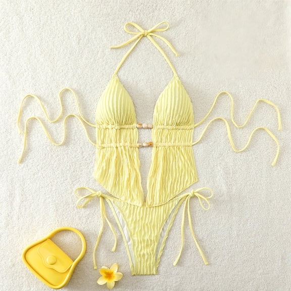 PWPSG Halter Textured Bikini with Ruched Cutout and Bead Detail High Cut Bottom Two Piece Swimsuit Yellow S