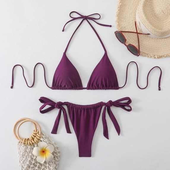 PWPSG Halter Tie Triangle Bikini Top with Bow Tie Side High Cut Bottom Two Piece Swimsuit Purple S