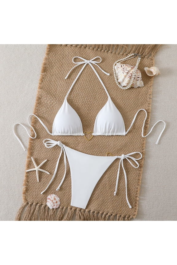 Halter Triangle Bikini with Heart Charm and Bow Tie Side High Cut Bottom Two Piece Swimsuit White S