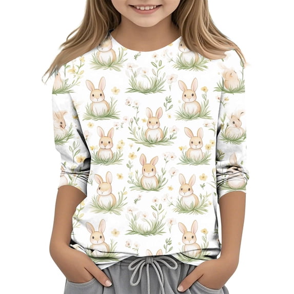 PWPSG Happy Easter Day Shirt for Kid 3D Graphic T Shirts Cute Easter Eggs & Bunny Rabbit Prints Tops 3/4 Sleeve Crewneck Blouses Spring Fall Outfits for Girl Multicolor 4 Years