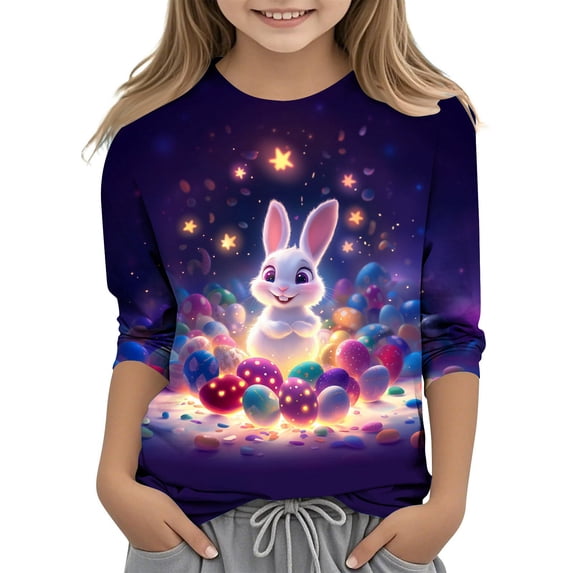 PWPSG Happy Easter Day Shirt for Kid 3D Graphic T Shirts Cute Easter Eggs & Bunny Rabbit Prints Tops 3/4 Sleeve Crewneck Blouses Spring Fall Outfits for Girl Multicolor 7 Years