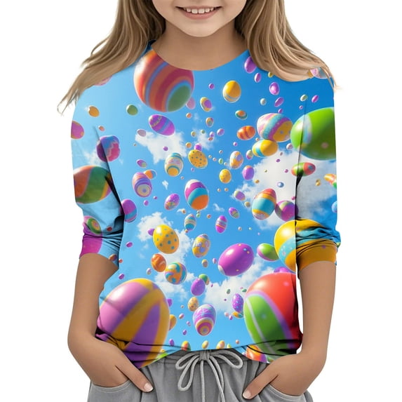 PWPSG Happy Easter Day Shirt for Kid 3D Graphic T Shirts Cute Easter Eggs & Bunny Rabbit Prints Tops 3/4 Sleeve Crewneck Blouses Spring Fall Outfits for Girl Multicolor 11 Years