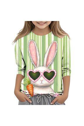 Happy Easter Day Shirt for Kid 3D Graphic T Shirts Cute Easter Eggs & Bunny Rabbit Prints Tops 3/4 Sleeve Crewneck Blouses Spring Fall Outfits for Girl Multicolor 7 Years