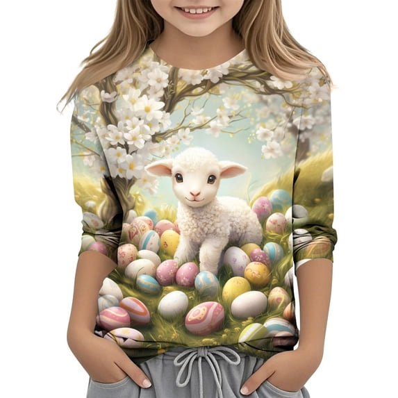 PWPSG Happy Easter Day Shirt for Kid 3D Graphic T Shirts Cute Easter Eggs & Bunny Rabbit Prints Tops 3/4 Sleeve Crewneck Blouses Spring Fall Outfits for Girl Multicolor 11 Years