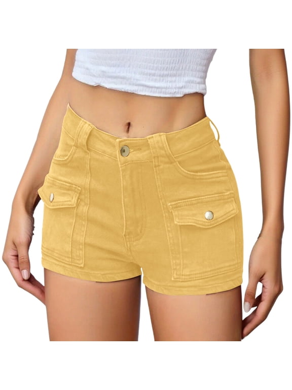 High Waist Cargo Pocket Denim Shorts, Structured Streetwear Straight Leg Shorts Yellow S