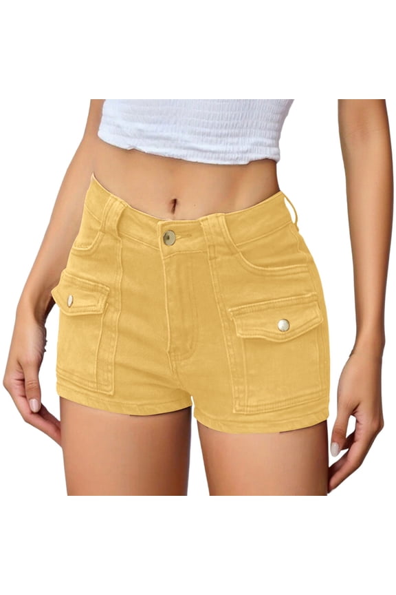 High Waist Cargo Pocket Denim Shorts, Structured Streetwear Straight Leg Shorts Yellow S