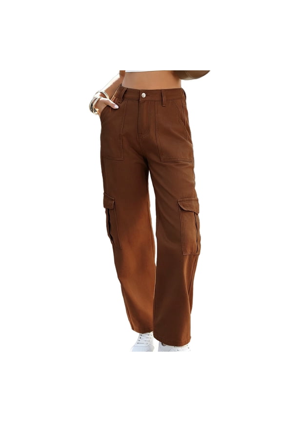 High Waist Cargo Wide Leg Jeans, Multi Pocket Structure, Relaxed Fit, Durable Denim for outdoor travel use Brown S
