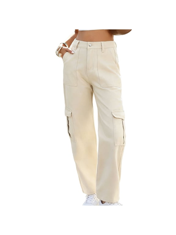 High Waist Cargo Wide Leg Jeans, Multi Pocket Structure, Relaxed Fit, Durable Denim for outdoor travel use Yellow S