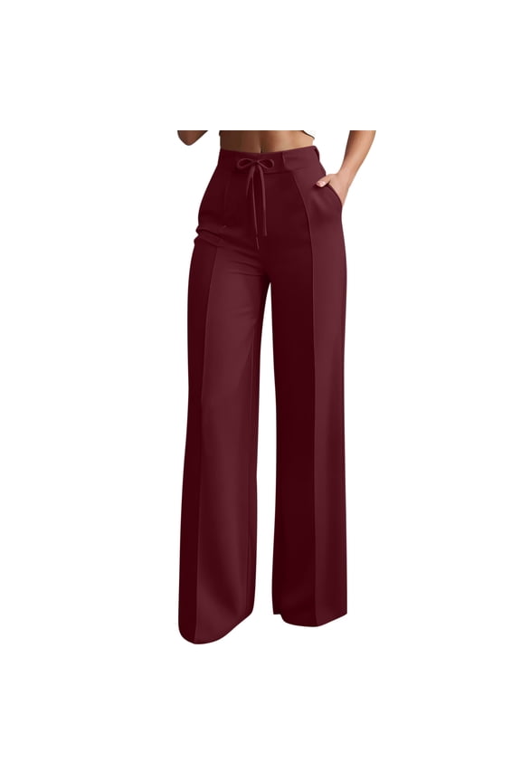 High Waist Drawstring Draped Wide Leg Dress Pants, Breathable Comfort Trousers for Work Commute & Casual Office Wear Red S