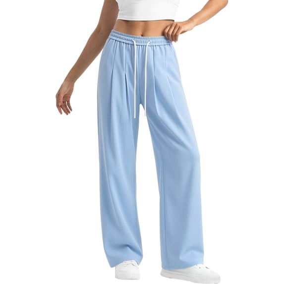 PWPSG High Waist Drawstring Pleated Wide Leg Casual Pants, Breathable Comfort Trousers for Daily Commute & Trendy Work Outfits Blue L