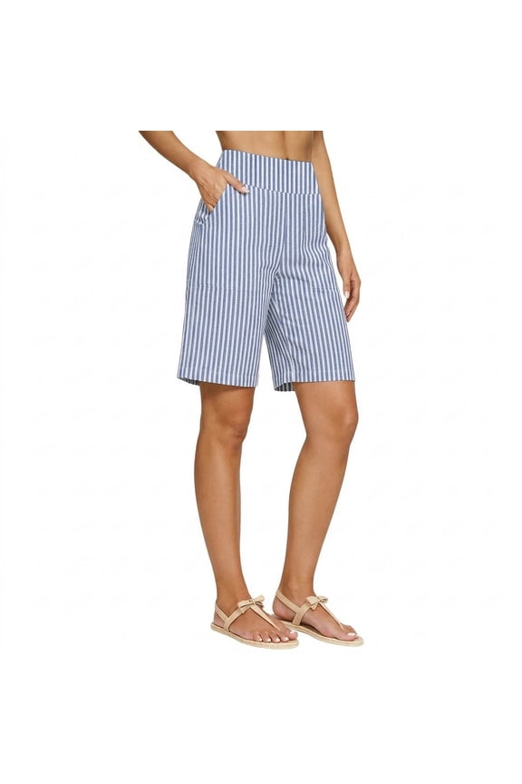High Waist Pinstripe Straight Leg Bermuda Shorts, Refreshing Neat Versatile Shorts for Daily Commute Blue S