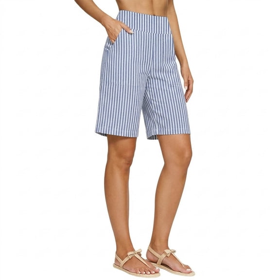 PWPSG High Waist Pinstripe Straight Leg Bermuda Shorts, Refreshing Neat Versatile Shorts for Daily Commute Blue S