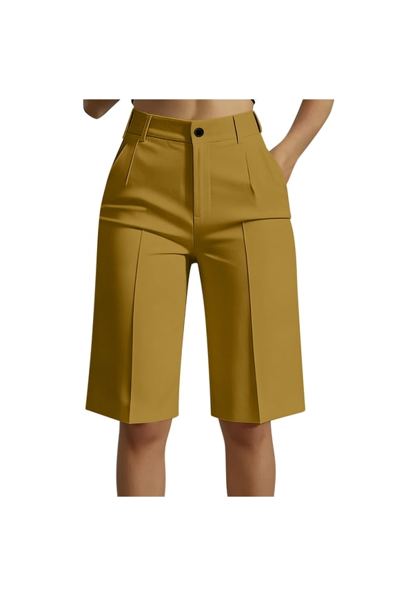 High Waist Pleated Suit-Style Bermuda Shorts, Crisp Structured Shorts for Office & Business Wear Yellow M