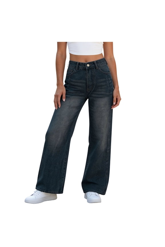 High Waist Wide Leg Jeans, Classic Wash, Relaxed Fit, Straight Leg Cut for basic everyday casual wear Black L
