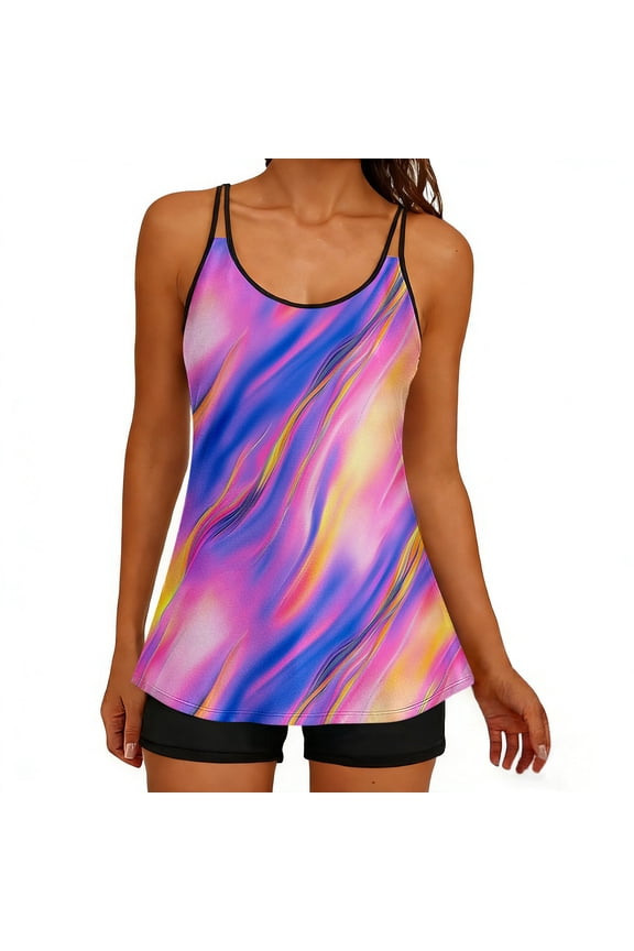 Iridescent Fluid Blur Print Double Strap Tankini Two Piece Swimsuit Tummy Control for Beach Casual Black M