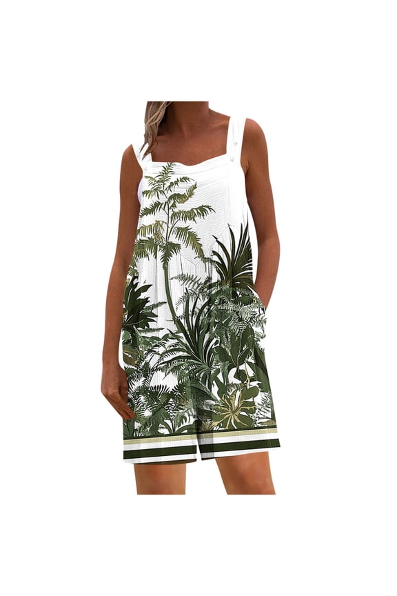 Jungle Print Square Neck Sleeveless Overalls, Striped Hem Design, Side Pockets, Unique Pattern for Fashion Daily Casual Matching Green M