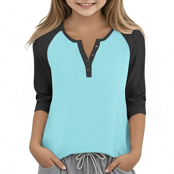 PWPSG Kid's 3/4 Sleeve Shirts Lightweight Spring Summer Casual Blouses Color Block Button Up Crewneck Pullover Daily Wear Tops Blue 7 Years