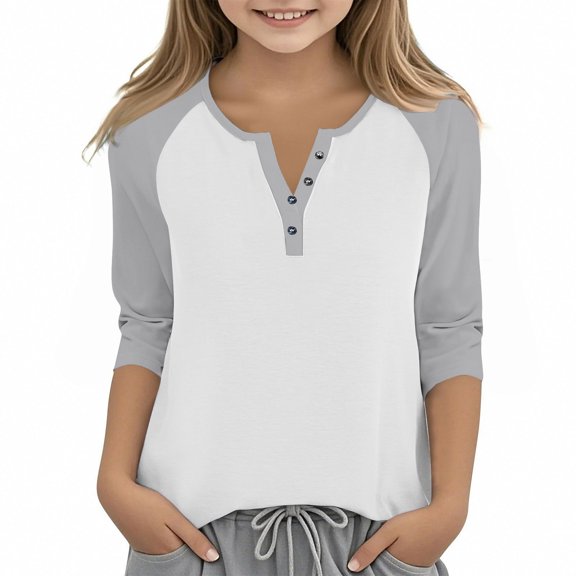 PWPSG Kid's 3/4 Sleeve Shirts Lightweight Spring Summer Casual Blouses Color Block Button Up Crewneck Pullover Daily Wear Tops Gray 11 Years