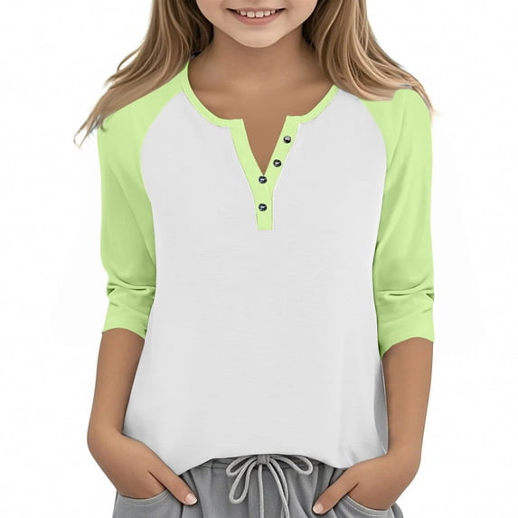 PWPSG Kid's 3/4 Sleeve Shirts Lightweight Spring Summer Casual Blouses Color Block Button Up Crewneck Pullover Daily Wear Tops Mint Green 9 Years