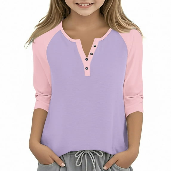PWPSG Kid's 3/4 Sleeve Shirts Lightweight Spring Summer Casual Blouses Color Block Button Up Crewneck Pullover Daily Wear Tops Purple 11 Years