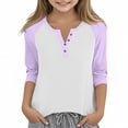 thumbnail image 1 of PWPSG Kid's 3/4 Sleeve Shirts Lightweight Spring Summer Casual Blouses Color Block Button Up Crewneck Pullover Daily Wear Tops Purple 7 Years, 1 of 6