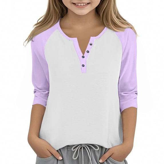 PWPSG Kid's 3/4 Sleeve Shirts Lightweight Spring Summer Casual Blouses Color Block Button Up Crewneck Pullover Daily Wear Tops Purple 7 Years