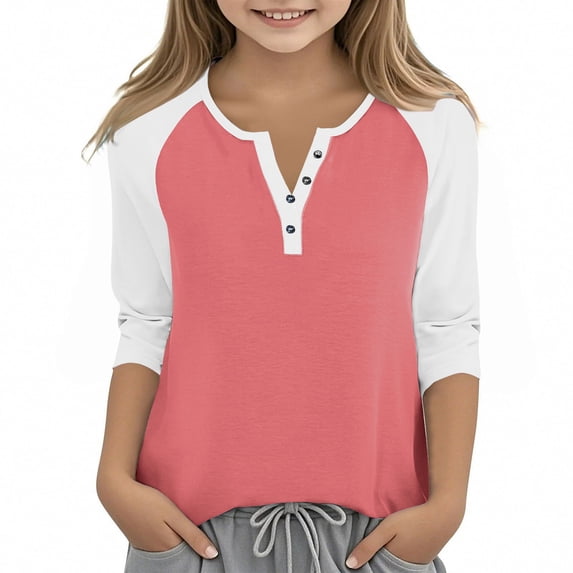 PWPSG Kid's 3/4 Sleeve Shirts Lightweight Spring Summer Casual Blouses Color Block Button Up Crewneck Pullover Daily Wear Tops Watermelon Red 5 Years