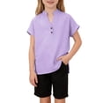thumbnail image 1 of PWPSG Kids Cotton Linen Shirts Short Sleeve Button Mock Neck Blouses Summer Casual Shirts Girl's Lightweight Solid Tunic Purple 120, 1 of 9