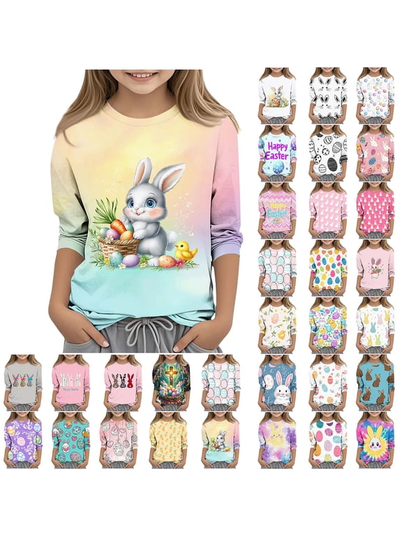 Kids Easter Shirts 2026 Cute Rabbit Bunny Print Pullovers 3/4 Sleeve Crewneck Blouses Lightweight Summer Casual Shirts Funny Egg Graphic Tees for Girl Green 3-4 Years