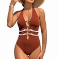 thumbnail image 1 of PWPSG Lace Cutout Halter One Piece Swimsuit, Ruched Bust with Adjustable Strap and Full Coverage for Poolside Brown M, 1 of 8