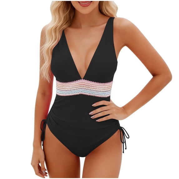 PWPSG Lace Waistband Side Drawstring Deep V One Piece Swimsuit, Plunge Neck with Ruched Detail for Swimming Black L
