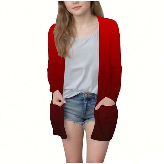 PWPSG Lightweight Cardigan for Teen Girl Long Sleeve Open Front Outewear Coat Color Block Tunic Tops Loose Daily Casual Cardigans with Pockets Wine 140