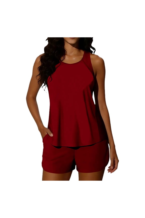 Loose Racerback Pocket Two Piece Swimsuit Tummy Slimming for Aquatic Adventures Red XL