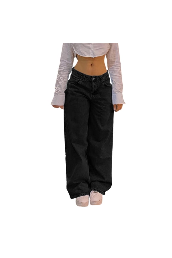 Low Waist Wide Leg Jeans, Straight Leg Cut, Classic Five Pocket Design, Durable Denim Fabric for casual street daily outfits Black S