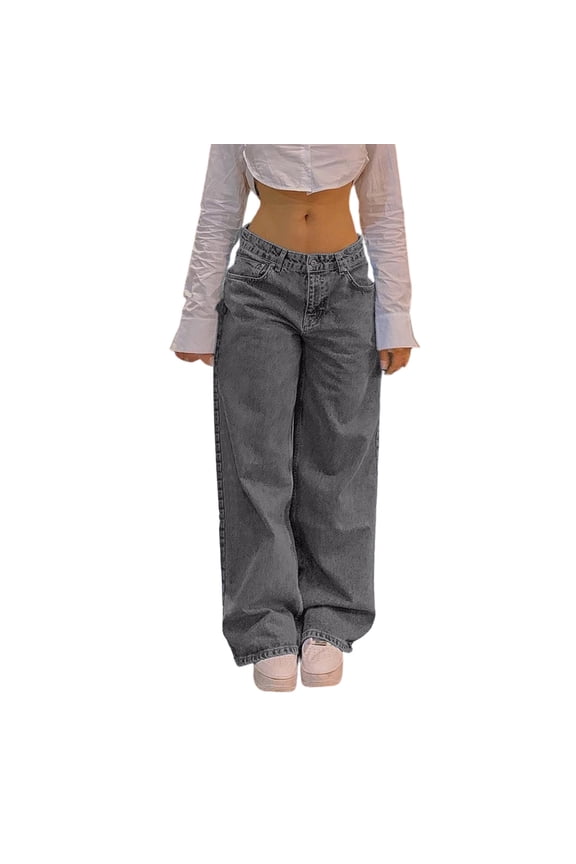 Low Waist Wide Leg Jeans, Straight Leg Cut, Classic Five Pocket Design, Durable Denim Fabric for casual street daily outfits Gray XXL