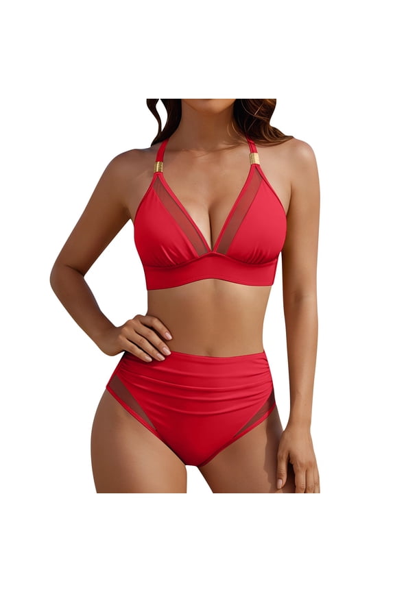 Mesh Panel Halter High Waist Two Piece Swimsuit Refined Shaping for Swimming Sessions Red S