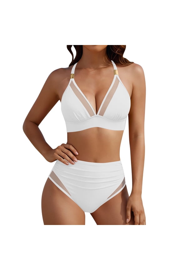 Mesh Panel Halter High Waist Two Piece Swimsuit Refined Shaping for Swimming Sessions White M