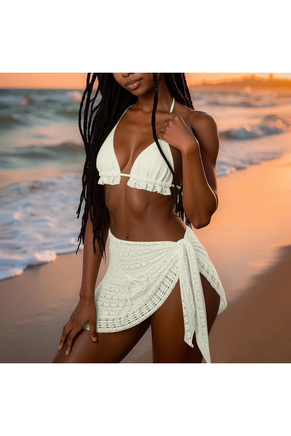 Metal Ring Triangle Bikini Three Piece Swimsuit with Ruched Shorts Cover Up White S