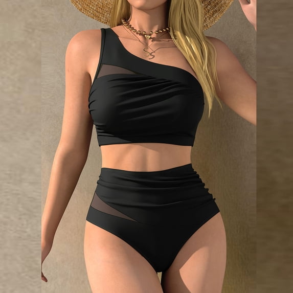 PWPSG One Shoulder Mesh Panel Top with Ruched High Waist Bottom Two Piece Swimsuit Black XXL