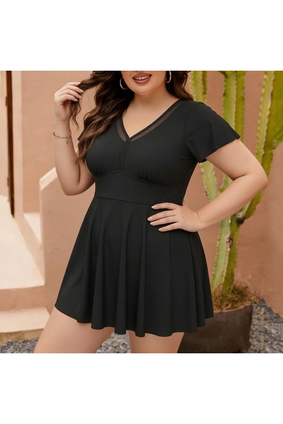 Plus Size Floral Print Mesh Panel Skirted One Piece Swimsuit Figure Flattering Contour Black XXL