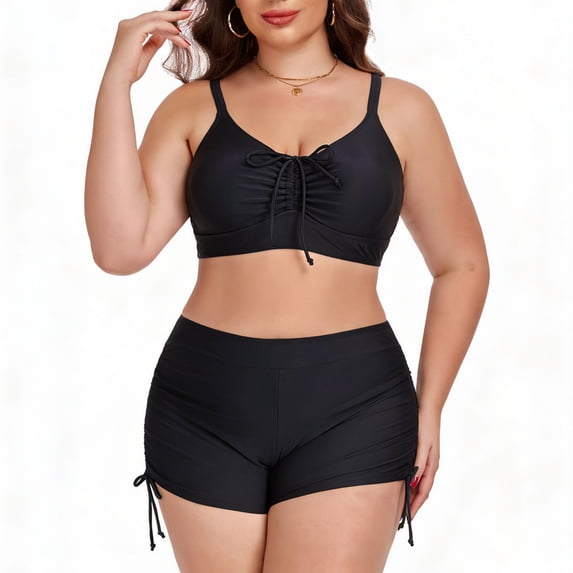 PWPSG Plus Size Ruched V Neck Bikini Top with Adjustable Drawstring Boy Shorts Bottom Two Piece Swimsuit Black L