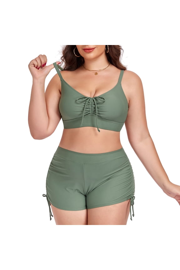 Plus Size Ruched V Neck Bikini Top with Adjustable Drawstring Boy Shorts Bottom Two Piece Swimsuit Green L