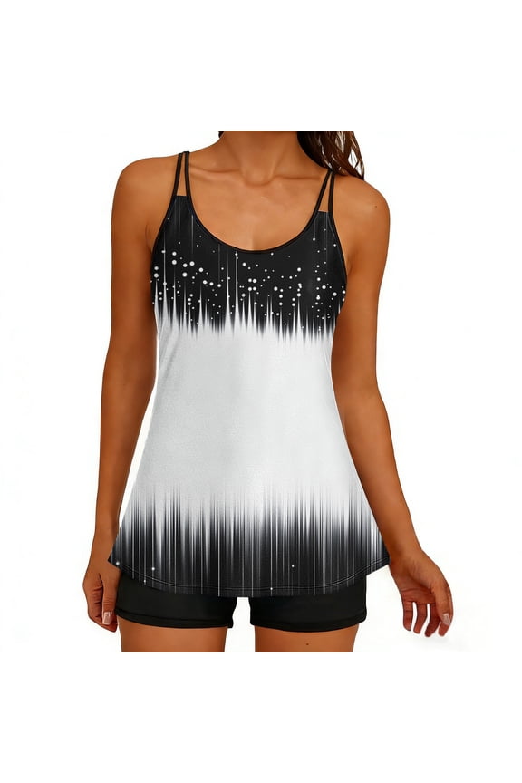 Reverse Gradient Dot Vertical Stripe Print Double Strap Tankini Two Piece Swimsuit Tummy Control for Beach Pool Black XXL