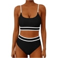 thumbnail image 1 of PWPSG Ribbed Color Contrast Thin Strap Bikini Two Piece Swimsuit with High Waist Bottom Black L, 1 of 2