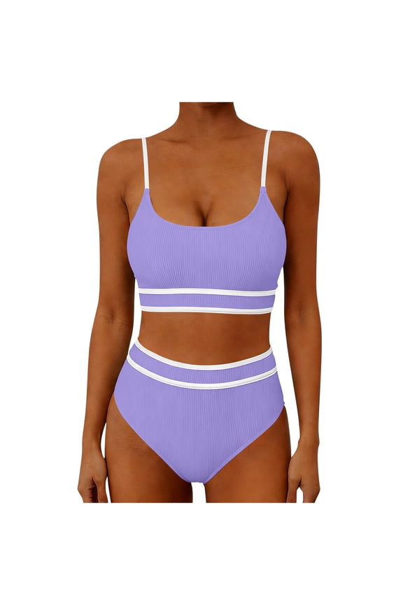 Ribbed Color Contrast Thin Strap Bikini Two Piece Swimsuit with High Waist Bottom Purple XL